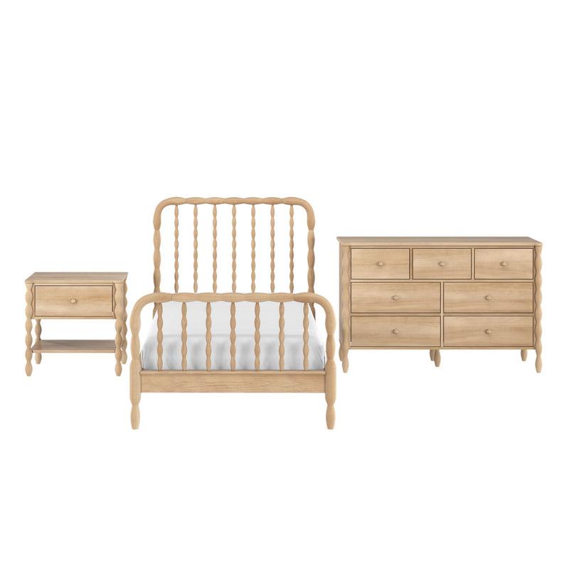Light oak wooden spindle bed frame with matching dresser and nightstand, modern farmhouse bedroom furniture set