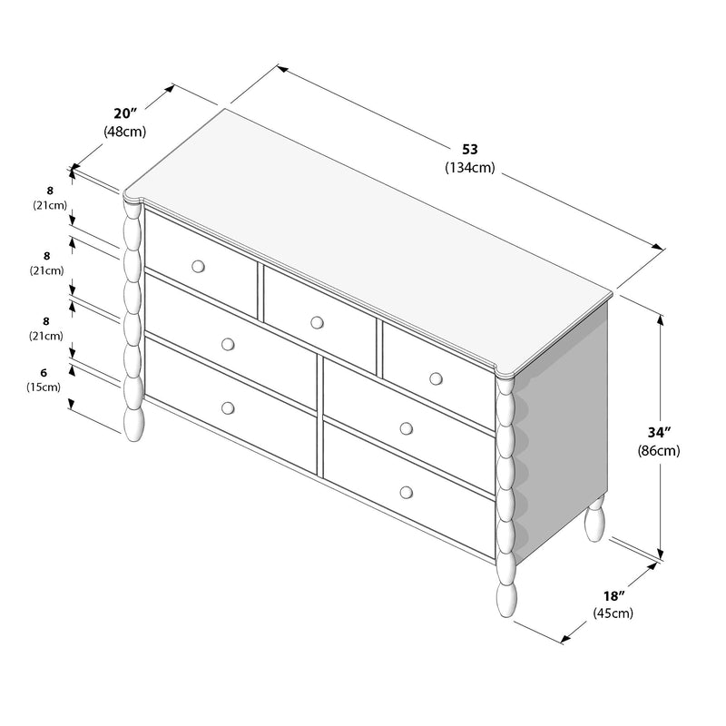 Six-drawer wooden dresser with turned legs, perspective line drawing with measurements 53 in (134 cm) L × 20 in (48 cm) D × 34 in (86 cm) H