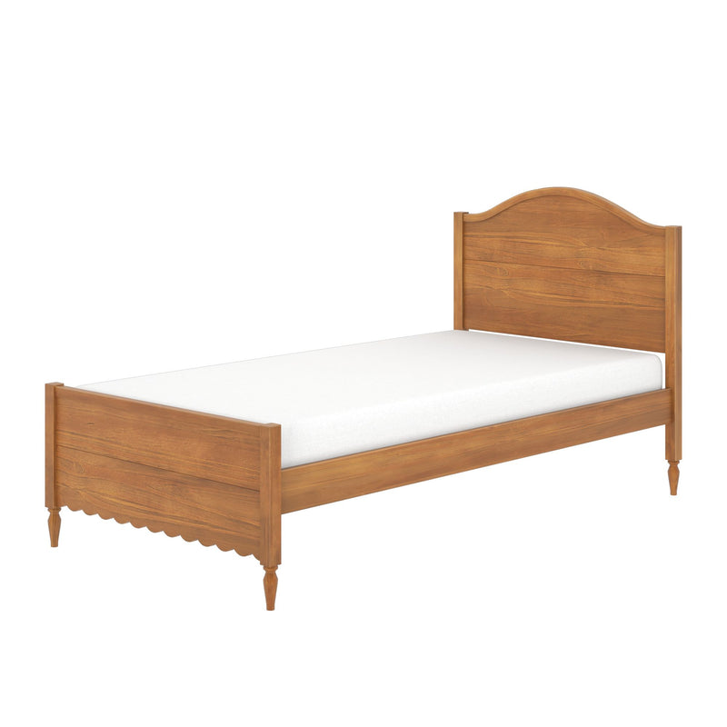 Solid wood twin bed frame with curved headboard, scalloped footboard and turned legs in natural oak finish with mattress