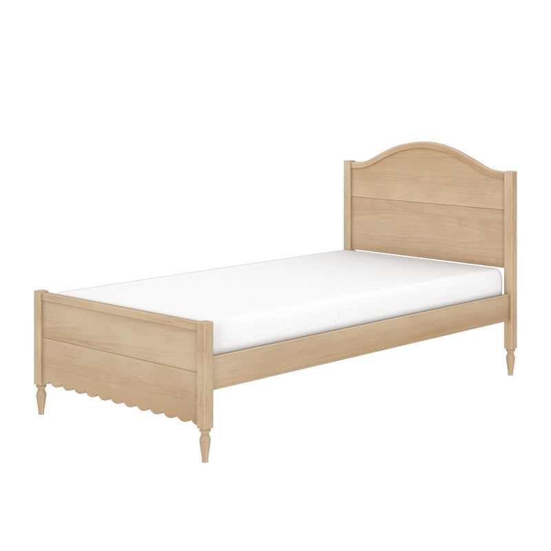Natural solid wood twin bed frame with arched headboard, turned legs and scalloped footboard in light finish with white mattress