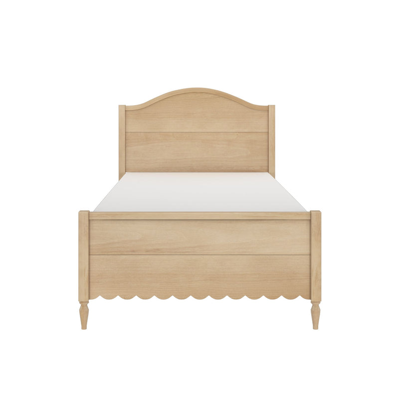 Light natural wood bed frame with arched headboard, scalloped footboard, turned legs and white mattress, classic farmhouse bedroom furniture