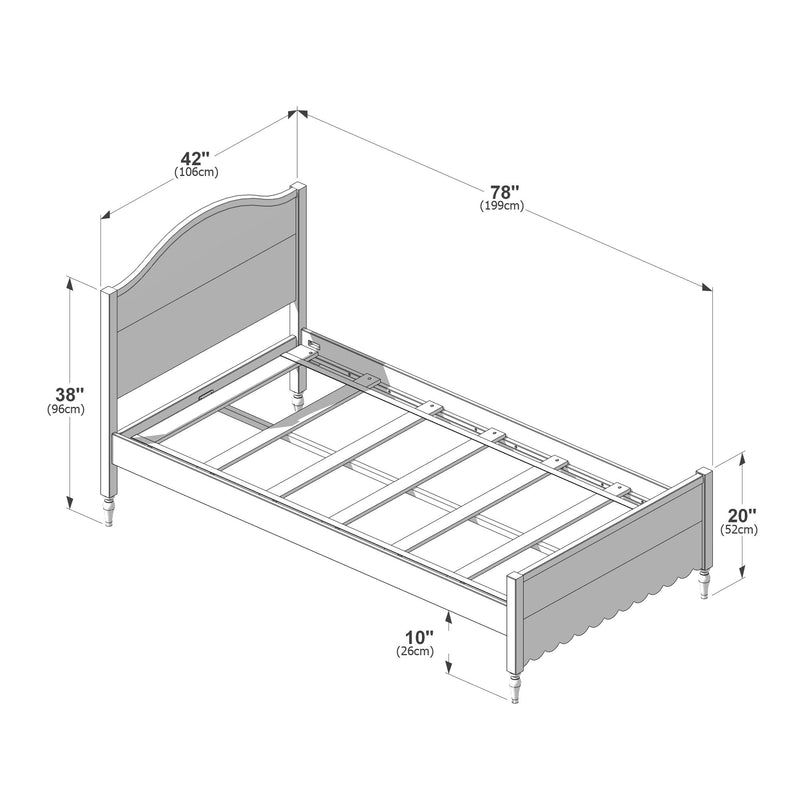 Wooden bed frame assembly diagram with dimensions: 78 in (199 cm) overall length, 42 in (106 cm) headboard width, 38 in (96 cm) headboard height, 20 in (52 cm) footboard height, and 10 in (26 cm) under-bed clearance.