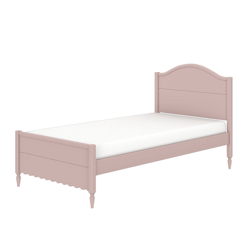 Pink twin wooden bed frame with curved headboard, scalloped footboard and turned legs, single bed with white mattress.