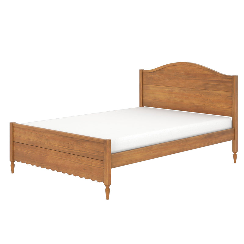Solid wood bed frame with arched headboard and footboard, natural oak finish, turned legs and scalloped apron, white mattress, rustic farmhouse style