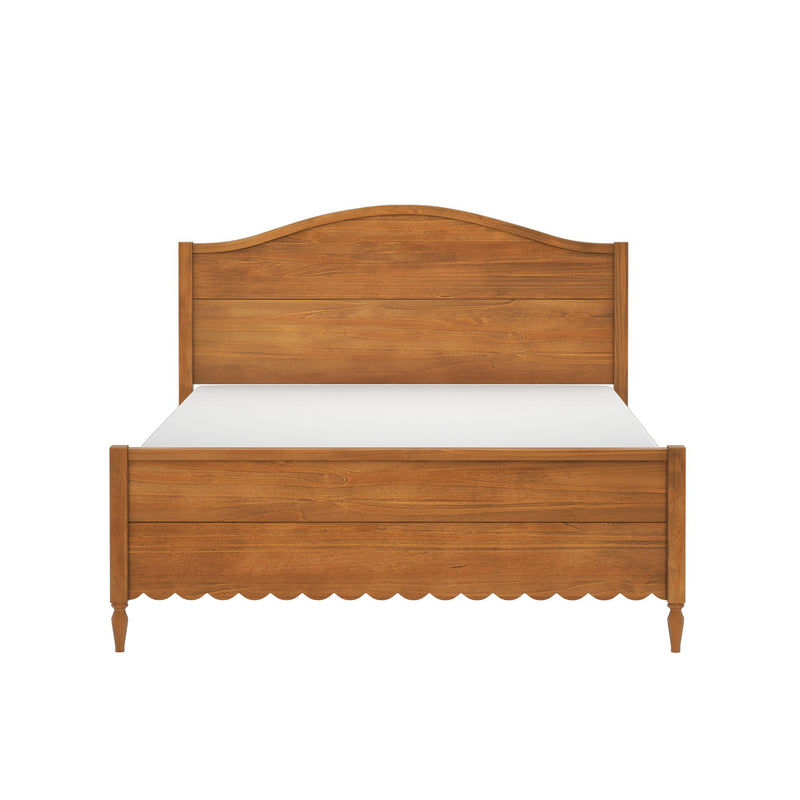 Solid wood bed frame with curved headboard and scalloped footboard in honey oak finish, traditional farmhouse bedroom furniture