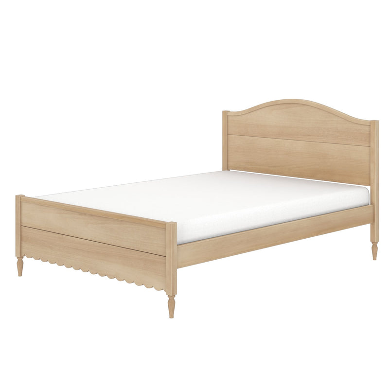 Light natural wood twin bed frame with curved headboard, scalloped footboard, turned legs and mattress, wooden bedroom furniture