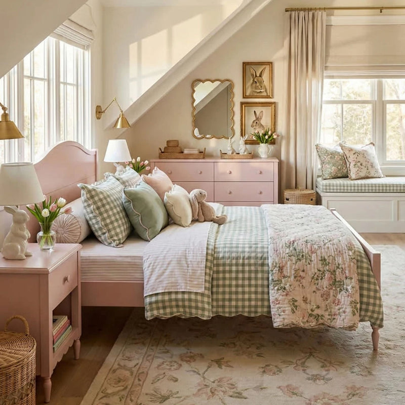 Pastel pink girls' bedroom, vintage-inspired gingham bedding and floral quilt, pink dresser and window seat with cushions, scalloped mirror, bunny decor and fresh tulips