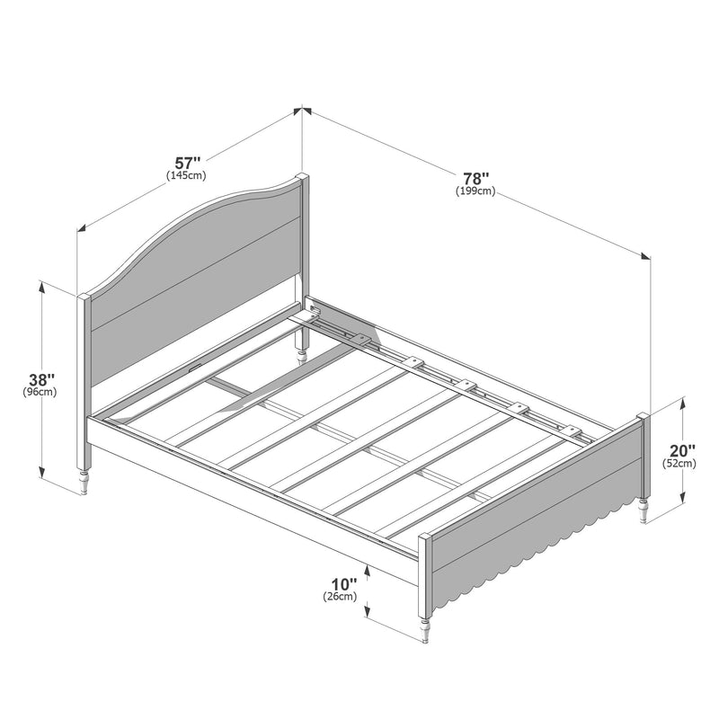 Isometric assembly diagram of wooden bed frame with curved headboard, slatted mattress support, turned legs and labeled dimensions 57" (145cm), 78" (199cm), 38" (96cm), 20" (52cm) and 10" (26cm)