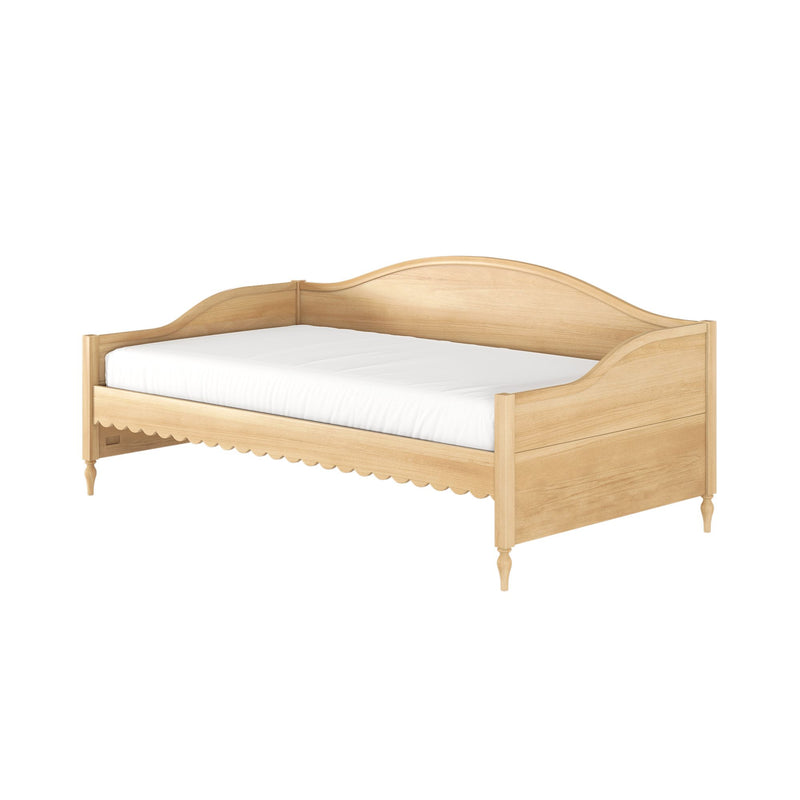 Natural oak solid wood daybed with curved headboard, scalloped apron, turned legs and white mattress, classic farmhouse style