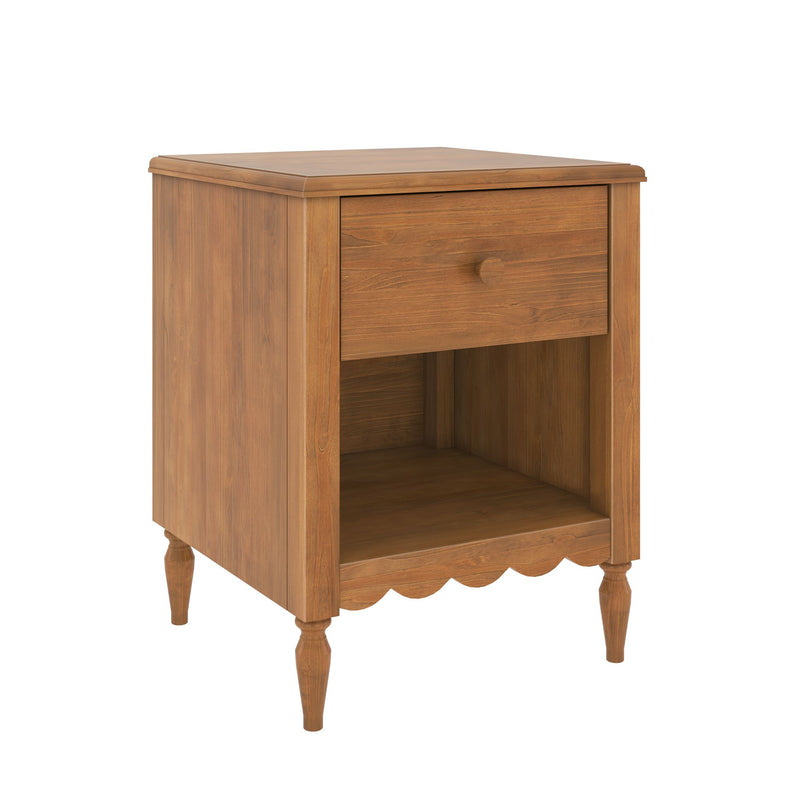 Mid-brown wooden nightstand bedside table with one drawer and open shelf, turned legs and scalloped apron, rustic bedroom storage