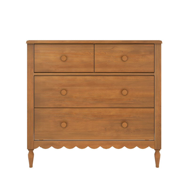 Natural wood tall dresser with round wooden knobs, four-drawer chest of drawers on turned legs and scalloped apron, mid-century style bedroom storage with natural wood finish isolated on white background