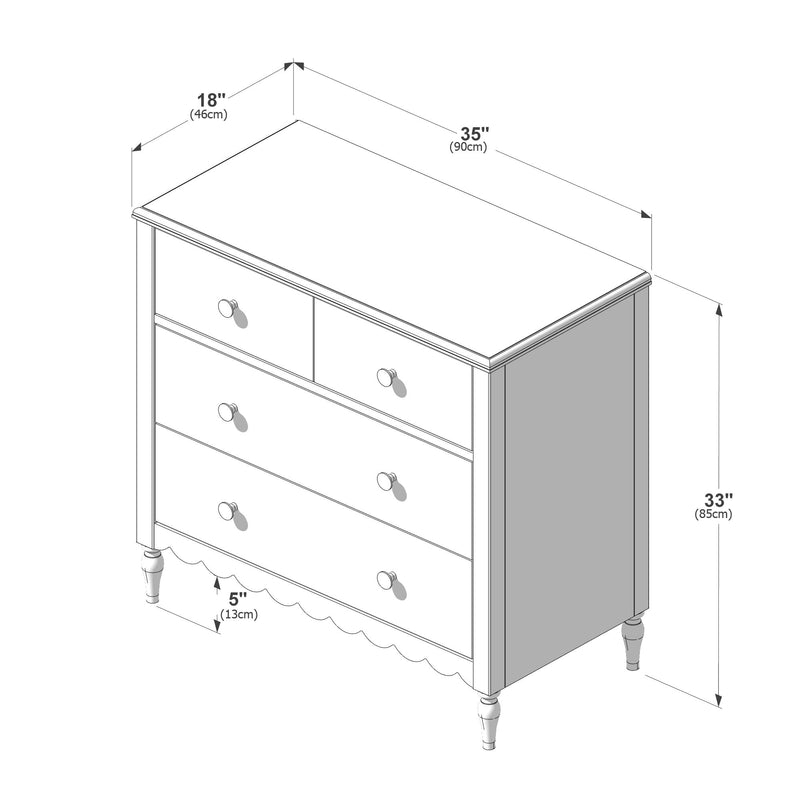 White 5-drawer wooden dresser dimensions diagram showing 35 in (90 cm) W x 18 in (46 cm) D x 33 in (85 cm) H with turned legs, scalloped apron, knob pulls and 5 in (13 cm) floor clearance