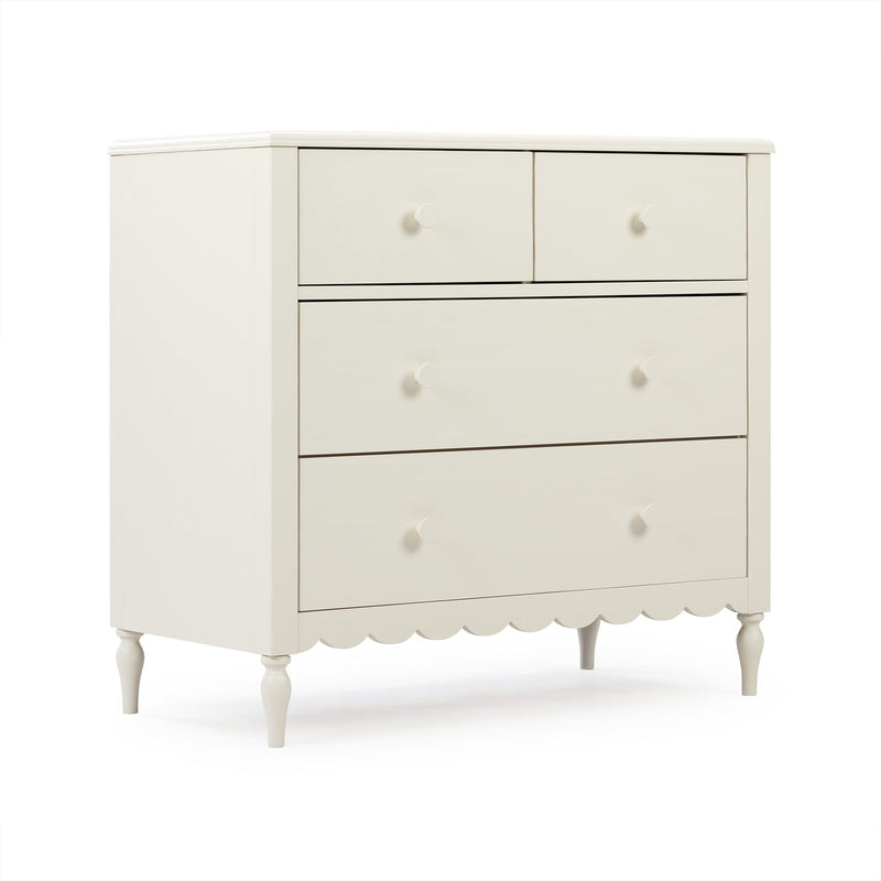 White painted wooden dresser chest of drawers with round knobs, scalloped apron and turned legs, farmhouse bedroom storage
