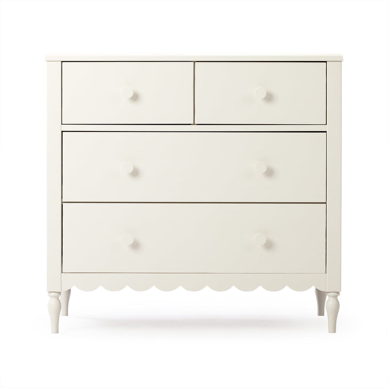 White wooden chest of drawers with two small top drawers and two larger lower drawers, round knobs, scalloped apron and turned legs on white background