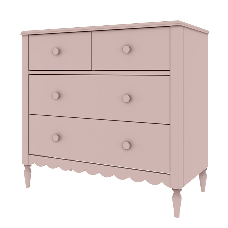 Blush pink wooden chest of drawers with round knobs, scalloped apron and turned legs — pastel dresser for nursery or girl's bedroom