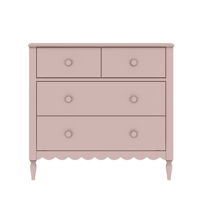 Pink scalloped wooden dresser with round knobs and turned legs, nursery chest of drawers for girls bedroom, shabby chic kids furniture