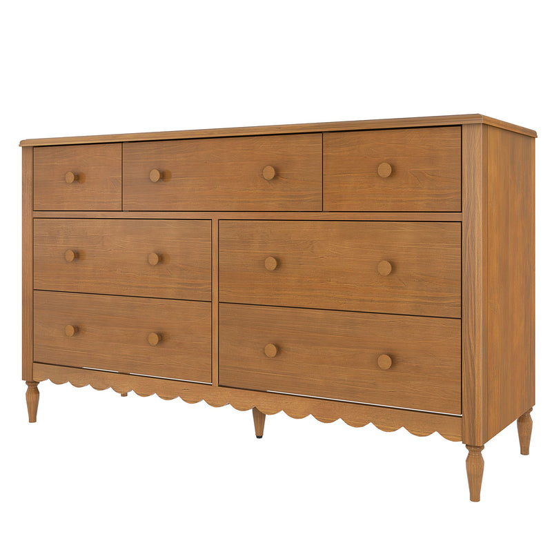 Mid-century modern wooden dresser chest of drawers in warm oak finish with multiple drawers, round wooden knobs, tapered legs and scalloped apron