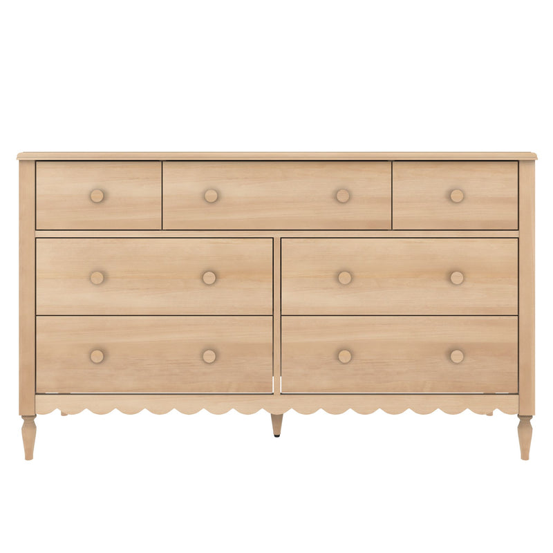 Light natural wood 7-drawer farmhouse dresser with round knobs, scalloped apron and turned legs for bedroom storage