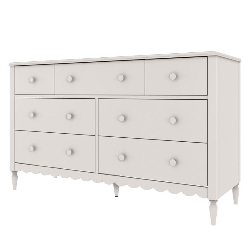 White wooden 9-drawer dresser with round knobs, turned legs and scalloped apron — classic bedroom storage furniture