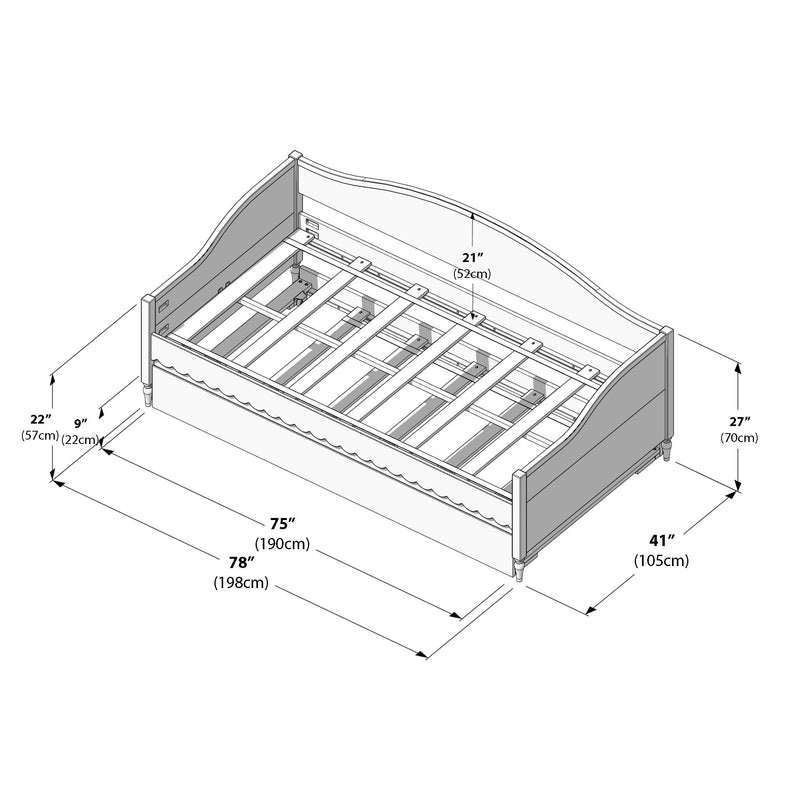 Wooden slatted bed frame assembly diagram showing curved headboard, scalloped footboard, turned legs and detailed dimensions in inches and centimeters