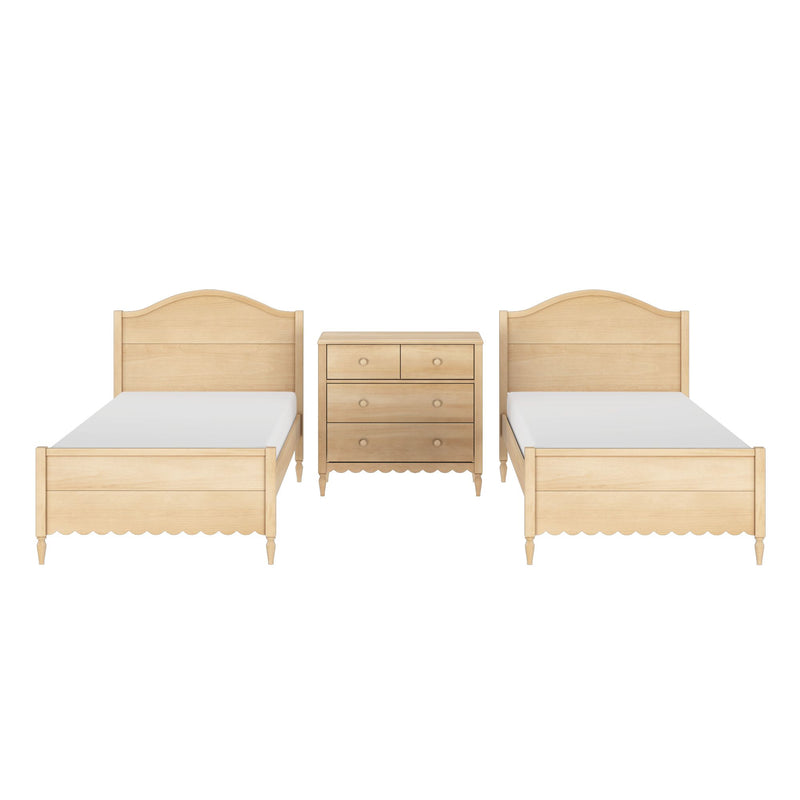 Light wood twin bed set with white mattresses and matching three-drawer nightstand on white background