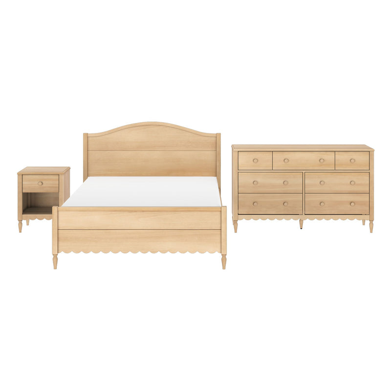 Light wood bedroom furniture set: wooden bed with curved headboard and white mattress, matching six-drawer dresser and single-drawer nightstand in natural wood finish