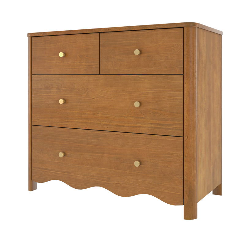 Mid-century style tall 5-drawer walnut dresser with warm wood grain, rounded legs and brass knobs for bedroom storage