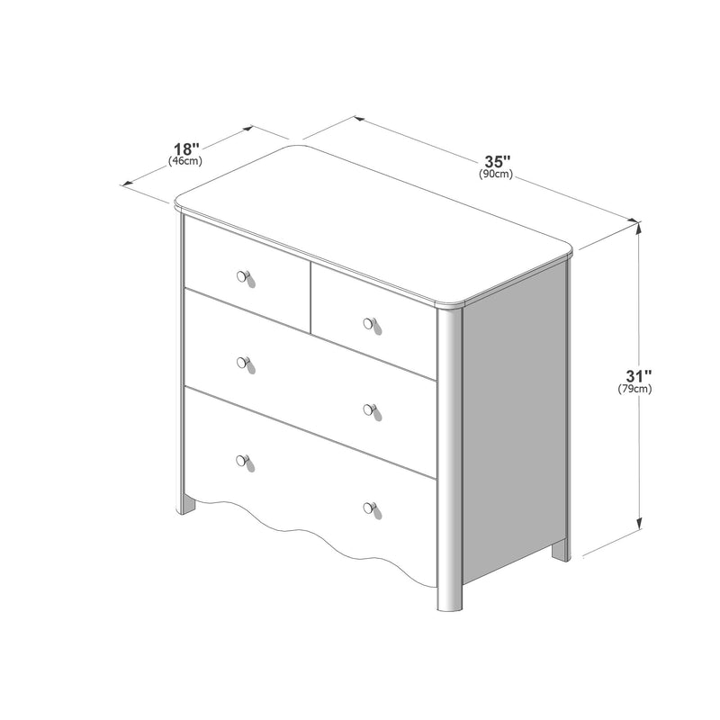 Five-drawer wooden dresser assembly diagram with rounded top corners and knob handles, dimensions 35 in x 18 in x 31 in (90 x 46 x 79 cm)