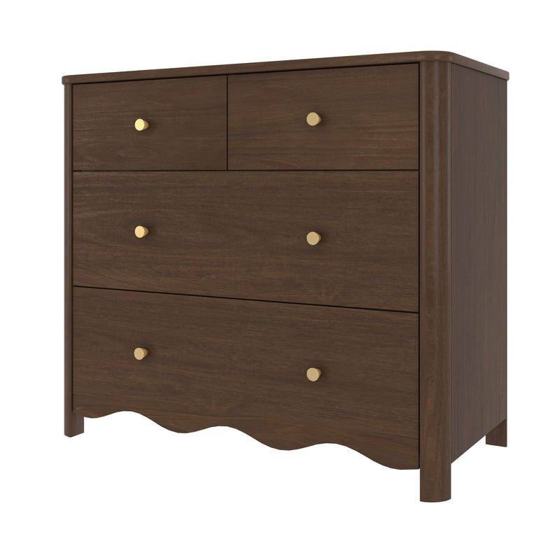 Dark walnut 4-drawer wooden dresser with round brass knobs and scalloped apron — bedroom storage chest