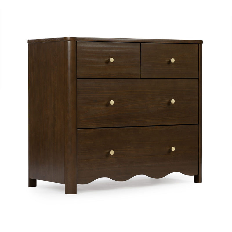 Dark walnut wooden dresser with brass knobs and scalloped apron, four-drawer chest for bedroom storage in modern farmhouse style