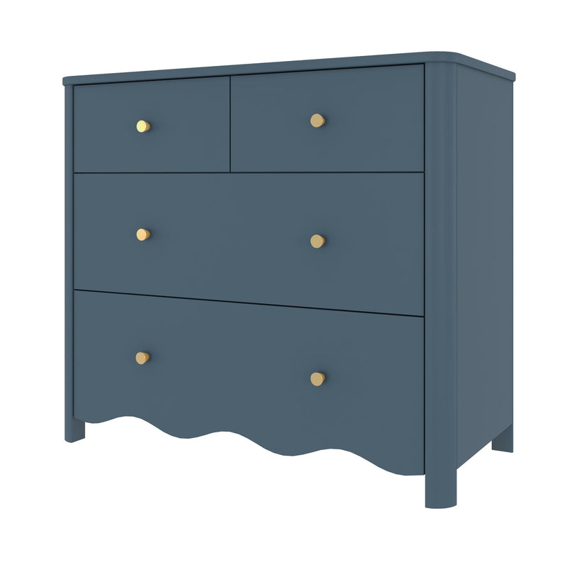 Navy blue wooden 4-drawer dresser with brass knobs and scalloped skirt, bedroom storage chest for nursery or modern farmhouse decor