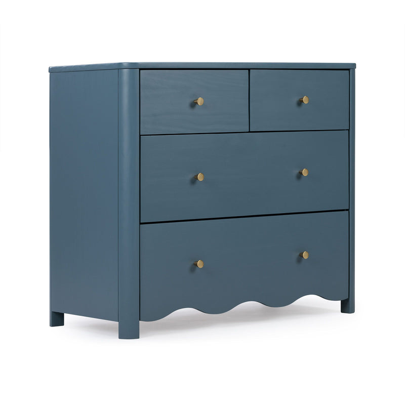 Blue painted wooden dresser chest of drawers with brass knobs, curved scalloped base and sleek modern profile for bedroom storage