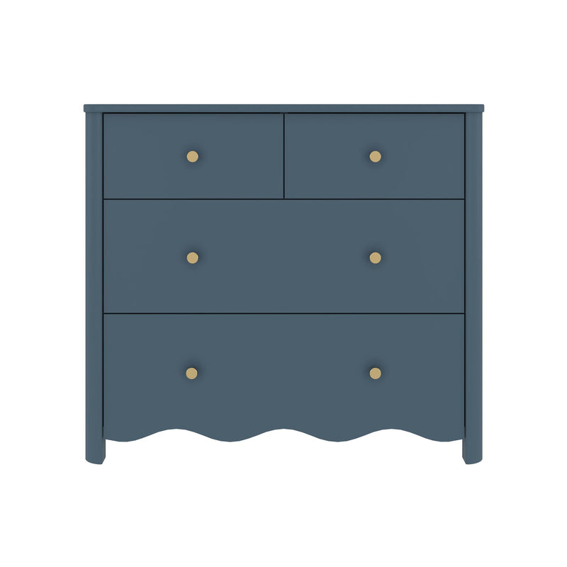 Navy blue wooden dresser with brass knobs, two small top drawers and two large lower drawers, scalloped apron bedroom storage