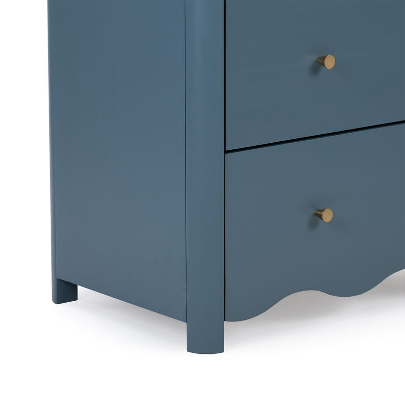 Matte blue wooden nightstand with brass cone knob, scalloped base and tapered leg, modern bedroom storage