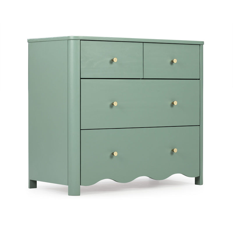 Sage green wooden dresser chest with brass round knobs, two small top drawers and larger lower drawers, scalloped base modern nursery and bedroom storage
