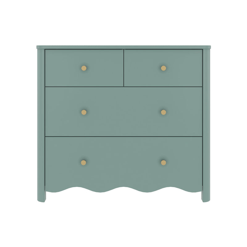 Seafoam teal dresser with two small top drawers and two large drawers, gold round knobs and scalloped bottom trim — bedroom storage