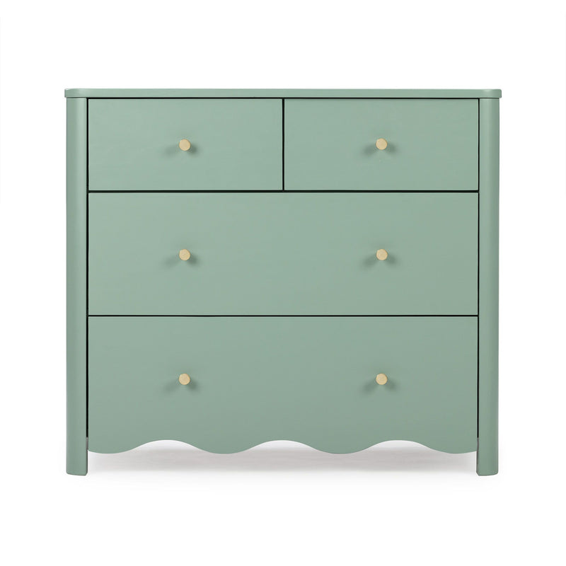 Mint green wooden dresser with round brass knobs and scalloped apron, 4-drawer chest of drawers for bedroom storage