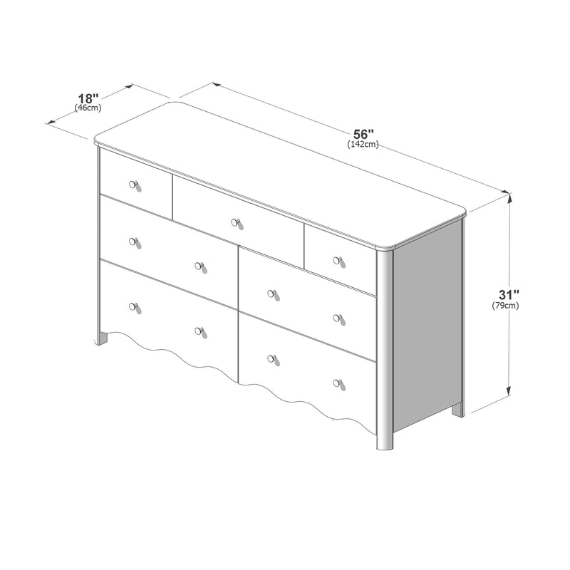 Assembly diagram line drawing of a six-drawer wooden dresser with rounded top and knob handles, labeled dimensions 56 in (142 cm) wide x 18 in (46 cm) deep x 31 in (79 cm) high