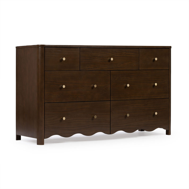 Dark brown wood dresser chest of drawers with round brass knobs, scalloped apron and multiple drawers for bedroom storage