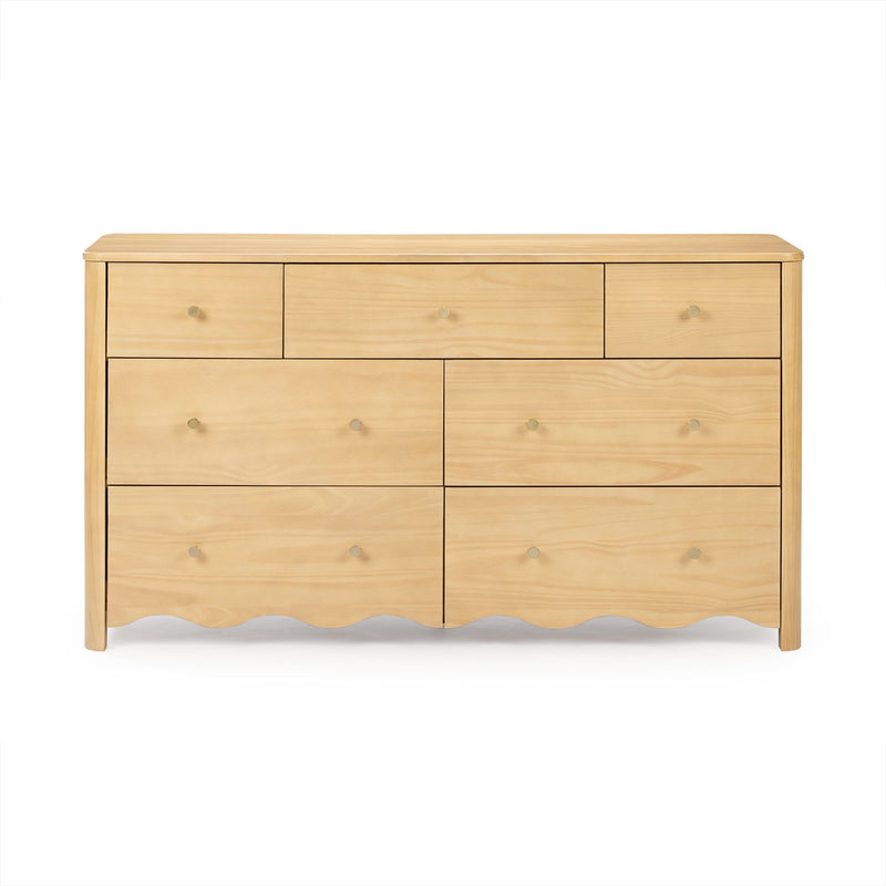 Light natural wood six-drawer dresser with round brass knobs and scalloped base, minimalist bedroom storage
