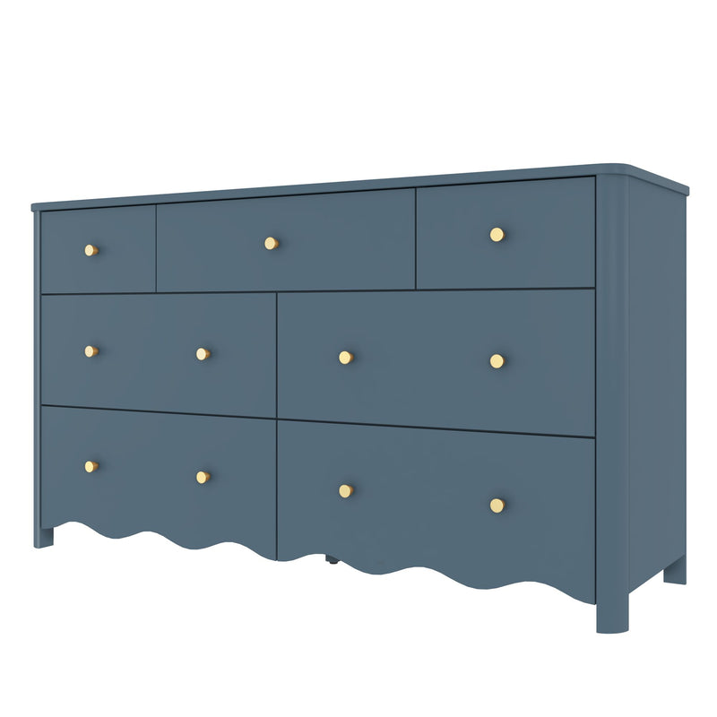Blue painted wooden dresser with nine drawers and round brass knobs, bedroom storage furniture on white background