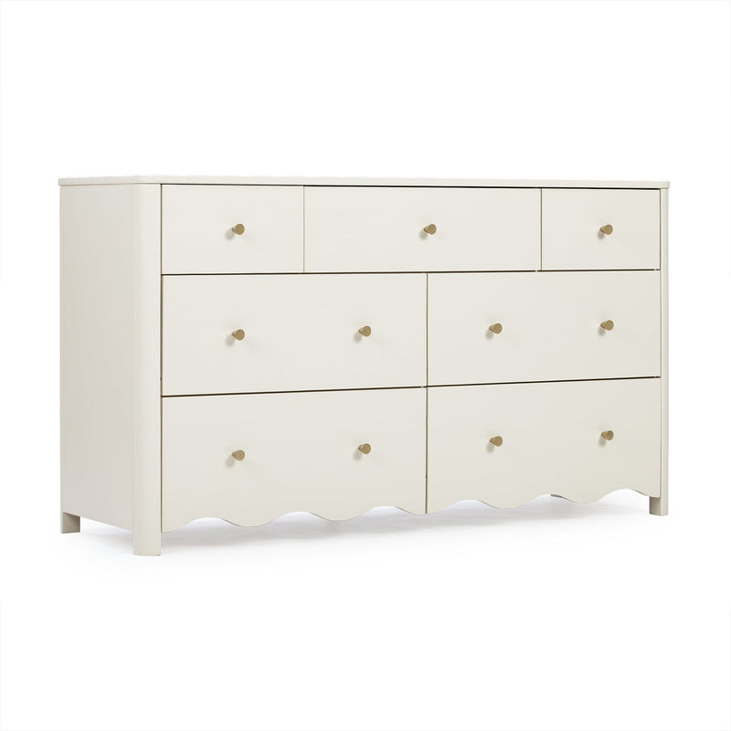 Off-white six-drawer wooden dresser with gold brass knobs and scalloped skirt, modern bedroom storage chest