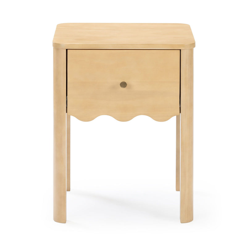 Natural maple light-wood nightstand with single drawer, round knob and scalloped apron – modern bedside table for bedroom