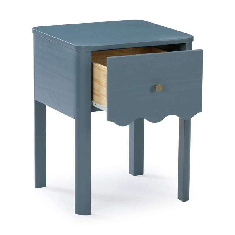 Blue wooden nightstand with single pull-out drawer, brass knob, scalloped apron and natural wood interior on four legs