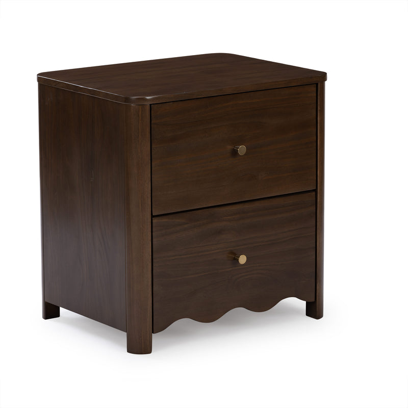 Dark walnut solid wood nightstand bedside table with brass knobs and scalloped apron, modern rustic bedroom furniture