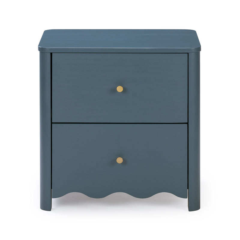 Blue painted wood two-drawer nightstand with brass knobs, scalloped apron and rounded corners, modern bedside table