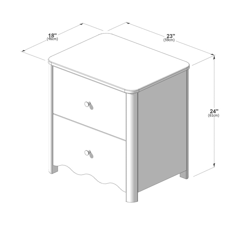 Two-drawer white bedside nightstand with round knob pulls and scalloped bottom apron, 23 in deep x 18 in wide x 24 in high (59 x 46 x 61 cm)