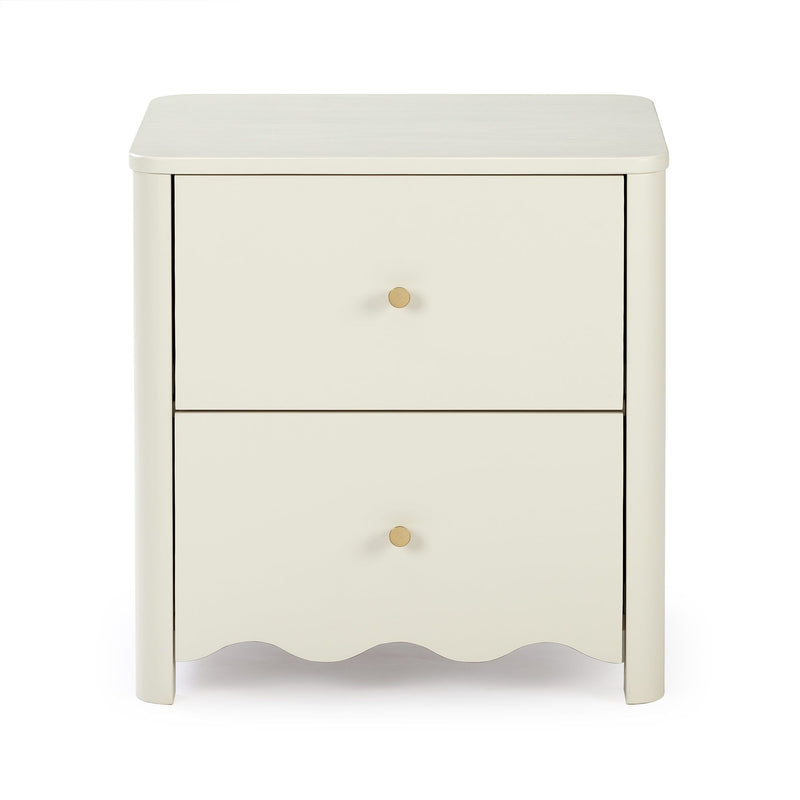 Cream two-drawer wooden bedside table with round brass knobs, rounded top edges and scalloped apron, modern farmhouse nightstand