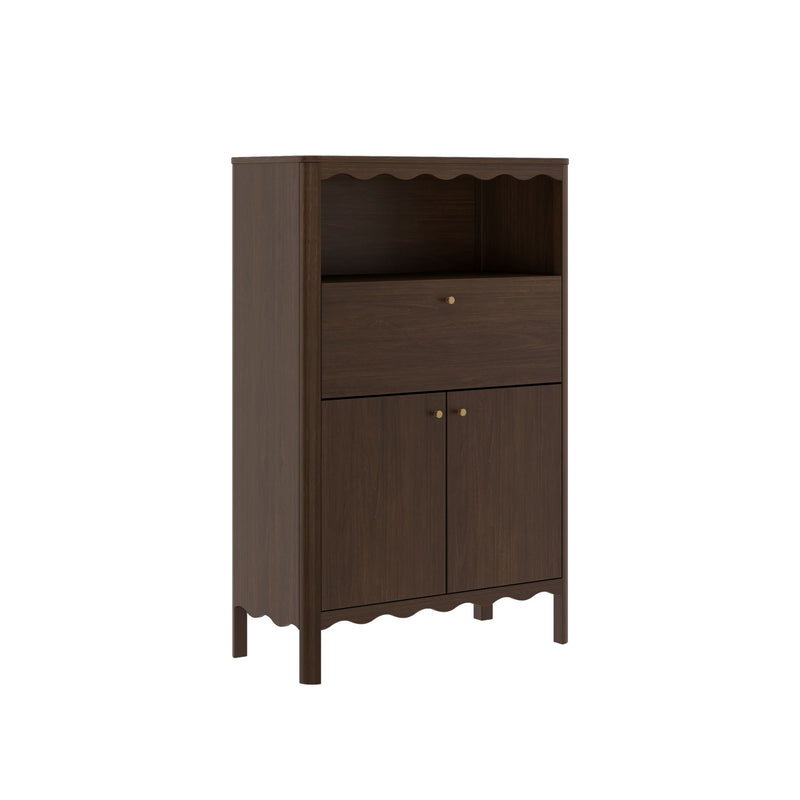 Tall dark walnut storage cabinet with scalloped trim, open shelf, brass knobs and lower double-door cupboard