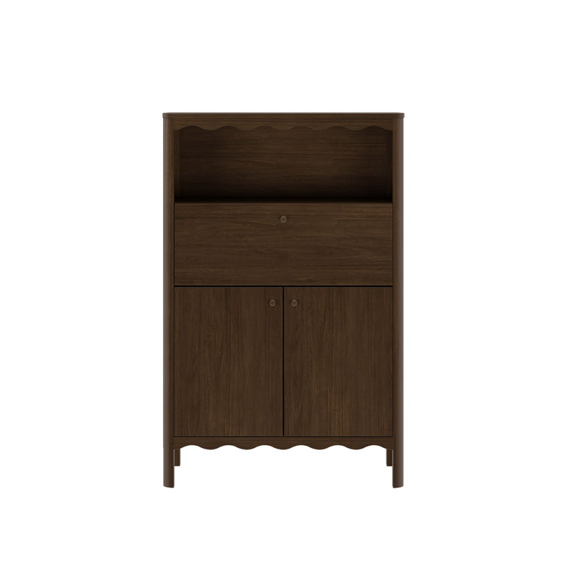 Dark walnut tall storage cabinet with open shelf, drop-front drawer, scalloped trim and two-door lower cabinet